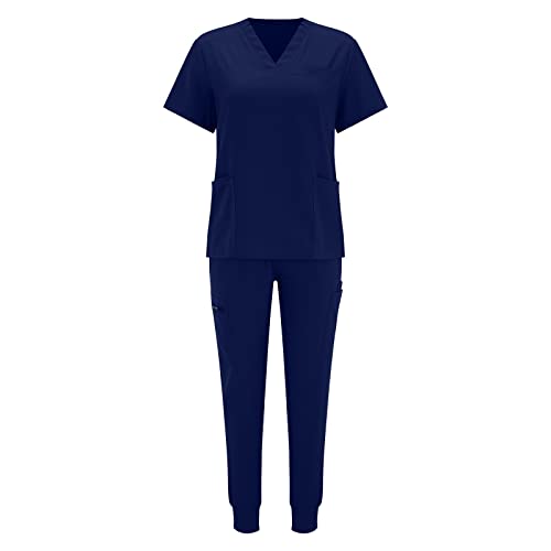 Damen-Sets, bequem, zweiteilig, V-Ausschnitt, kurzärmelig, OP-Tops und Jogginghose, einfarbig, Krankenschwester-Arbeitsuniform, Schlupf-Sets für Damen, Jogger, Z0516a-navy, Medium von Generic