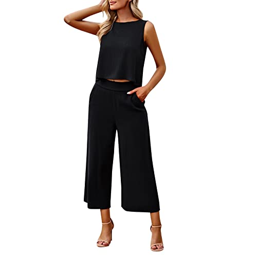 Damen Sets 2 StüCk Outfits LäSsig Baumwolle Leinen Frauen AnzüGe Dressy Elegante Sommer Crop Top& Wide Leg Pants TrainingsanzüGe Mode Buttons Down Solide Sets 2023 Weich Anzug (Schwarz, L) von Generic