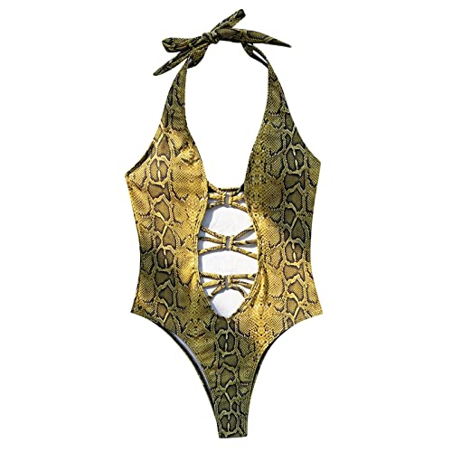 Damen Sexy Einteiler Schlange Print Jumpsuit Beachwear Badeanzug Push-up Bikini, gelb, L von Generic