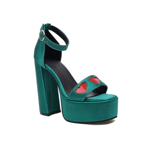 Damen Sexy Hoher Absatz Sommer Sandalen Offene Zehen Satinkleid Pumps Mit Herz Blockabsatz Plateau Sandalen Mit Schnalle,Grün,38 EU von Generic