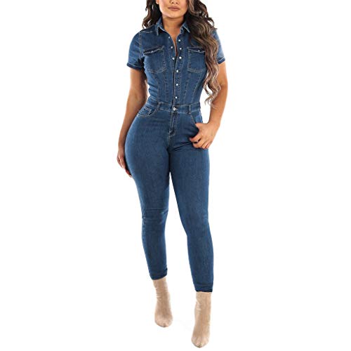 Damen Sexy Jumpsuit Jeans-Overal Stretch Kurzarm Skinny Jeans-Jumpsuits Denim-Overall Elegant Jeansoverall Mit Knopfleiste Jumpsuits Baggy Boyfriend Jeans-RöHrenjeans Playsuit Romper von Generic