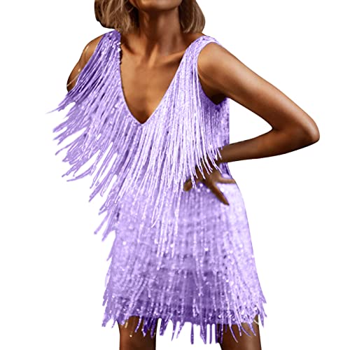 Damen Sexy Kleid Röcke Kleid mit tiefem V-Ausschnitt, ärmelloser Bleistiftrock, Midirock mit Fransen, lässig, solide, elegant, Partykleid Kleider Für Hochzeitsgäste 50 (Purple, XL) von Generic