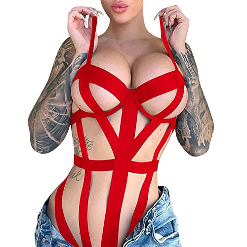 Damen Sexy Lanyard Ausgehöhltes Dessous-Set Bodysuit Set Lace Teddy Pyjamas Dessous-Set Bustiers Für Damen (Red, XXL) von Generic