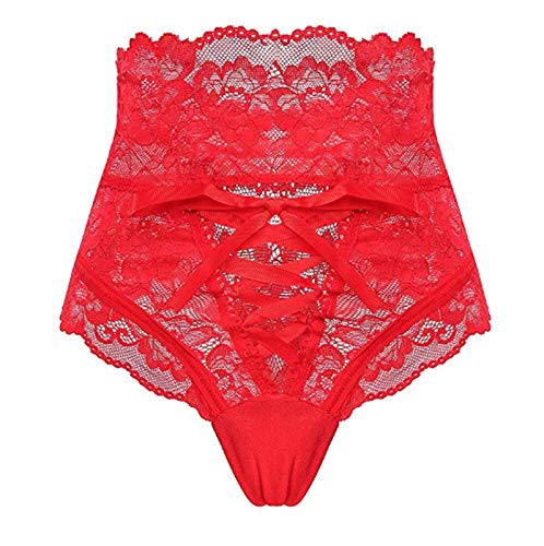 Damen Sexy Spitze Slip Offener Schritt Tangas Set Bequem Unterwäsche Frauen Eisseide Autmungsaktiv Unterwäsche Erotisc Höschen Enthalten Strumpfbänder Party Clubwear Rot 3XL von Generic