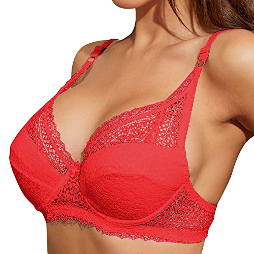 Damen Sexy Spitzenbesatz Push-Up-BH durchsichtiger Ausschnitt 3/4 Abdeckung BH V-Ausschnitt Lift Brust Up Cup Unterwäsche mit verstellbarem Gummiband Alltags-BH, rot, 100B von Generic