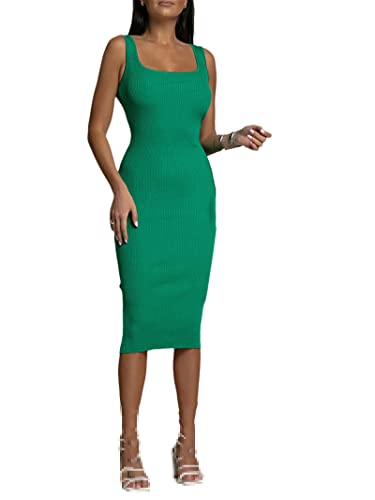 Damen Sexy V-Ausschnitt Ärmelloses Strickkleid Langes Kleid Frauen Solid Slim Fit Kleid Sommer Rückenfrei Party Kleid, 02 grün, Medium von Generic