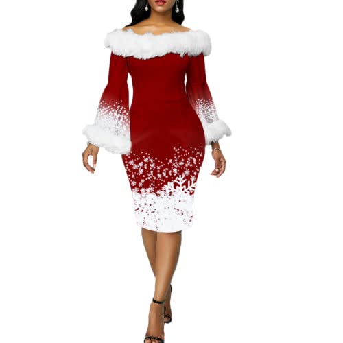 Damen Sexy Weihnachten Kleid Von der Schulter Plüsch Langarm Weihnachtskleid Schmale Passform Frau Abend, Party, Urlaub, Geschenk zu Weihnachten (Christmas Dress3,M) von Generic