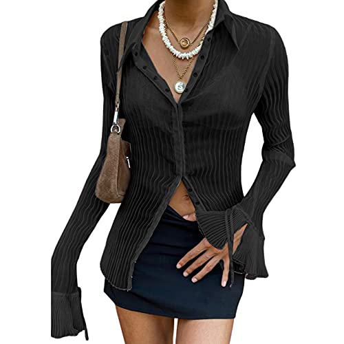 Damen Sheer Button Down Shirts Durchsichtig Offene Front Cardigan Flare Ärmel Crop Top Chic Ästhetische Blusen, Schwarzer Knopf, M von Generic