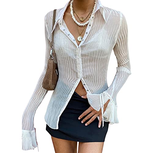 Damen Durchsichtige Button-Down-Shirts Durchsichtig Open Front Cardigan Flare Sleeve Crop Top Chic Aesthetic Blusen, Weiße Knopfleiste, Large von Generic