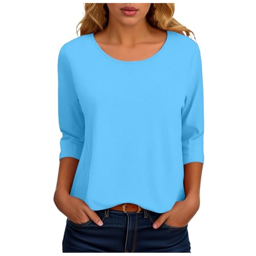 Damen Shirt 3/4 Arm Rundhals Langarmshirt Einfarbig Sommer Oberteil Elegant Baumwoll Tunika Tops Casual Loose Fit Pullover Herbst Basic T Shirts (Sky Blue, M) von Generic