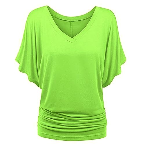 Damen Shirt Fledermaus V-Ausschnitt Blusenshirt Ruffles Kurzarm Bluse Tunika Übergröße Elegant Oberteile Locker Lässig Tops 2025 von Generic
