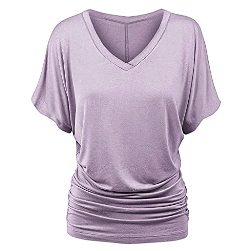 Damen Shirt Fledermaus V-Ausschnitt Blusenshirt Ruffles Kurzarm Bluse Tunika Übergröße Elegant Oberteile Locker Lässig Tops 2025 von Generic