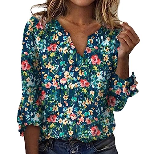 Damen Shirt Langarm Bunt Bluse V-Ausschnitt Elegant 3/4 Ärme Hemden Casual Shirt Herbst Winter Pullover Frauen Tunika Hemdbluse Mode Lose Kleidung Oberteile Tops von Generic