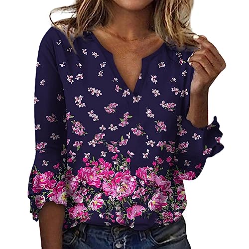 Damen Shirt Langarm Bunt Bluse V-Ausschnitt Elegant 3/4 Ärme Hemden Casual Shirt Herbst Winter Pullover Frauen Tunika Hemdbluse Mode Lose Kleidung Oberteile Tops von Generic