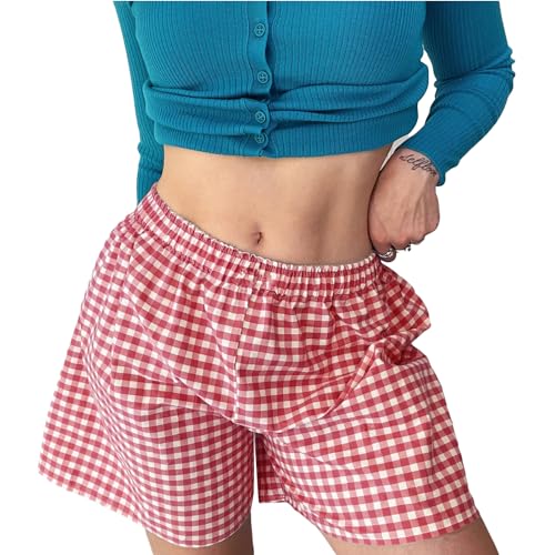 Damen Shorts Locker Weich Kariert Pyjama Bottom Shorts Niedlich Home Shorts (035 Red, M) von Generic