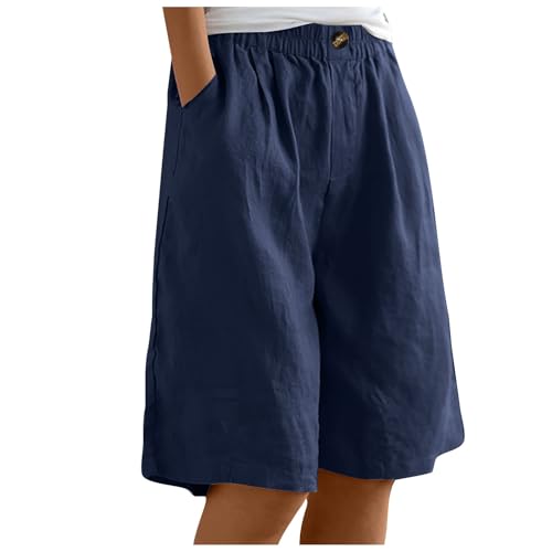 Damen Shorts Sommer Baumwolle High Waist Shorts Weites Bein Bermuda Shorts Damen Kurze Hosen Knielang Leinenhose Baggy Cargoshorts mit Gummizug Sommerhose Leicht Schlafshorts Freizeithose von Generic