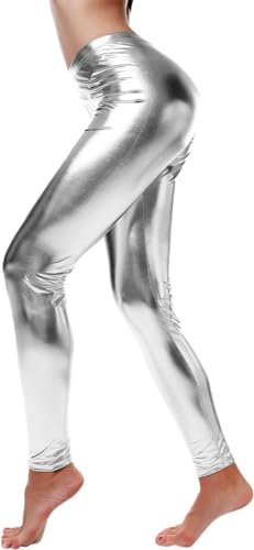 Damen Silber Metallic Leggings glänzende Hose mit hoher Taille Shiny Leggings im Wet Look für Party Tanz Disco Kostüm Karneval Metallic Glitzer High Waist Shiny PU Hosen Tanzhose (Silber,XXL) von Generic