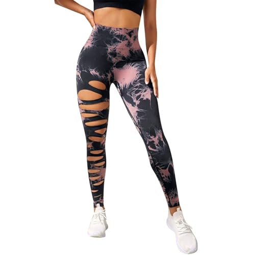 Damen Skinny-Leggings mit Cut-Outs, zerrissen, hohe Taille, Bauchkontrolle, Yogahose, weiche Strickhose mit Netzeinsatz von Generic