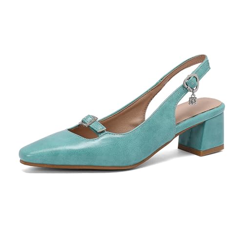 Damen Slingback Mary Jane Schuhe Geschlossene quadratische Zehenpartie Chunky Heels Knöchelriemen mit Strassschnalle Partykleid Pumps,Grün,48.5 EU von Generic