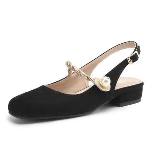 Damen Slingback Mary Jane Schuhe Geschlossene quadratische Zehenpartie Chunky Low Heels Knöchelriemen mit Perle Hochzeit Party Kleid Schuhe,Schwarz,40 EU von Generic