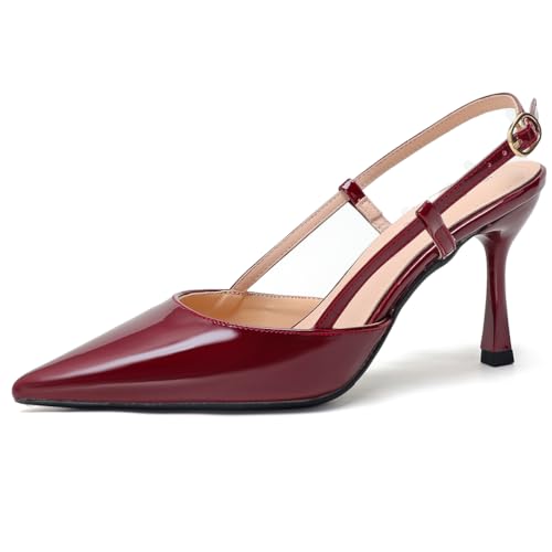 Damen-Slingback Pumps Aus Lack mit Spitzer Zehe, 5cm/7.5cm Stilettoabsatz - Atmungsaktive Schuhe für Hochzeit & Cocktail,Burgundy 7cm Heel,36 EU von Generic