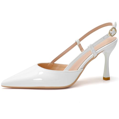 Damen-Slingback Pumps Aus Lack mit Spitzer Zehe, 5cm/7.5cm Stilettoabsatz - Atmungsaktive Schuhe für Hochzeit & Cocktail,White 7cm Heel,35 EU von Generic