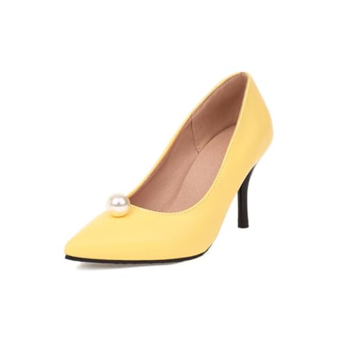 Damen Slip Auf Kleid Schuhe Mit Perlen Hoher Pfennigabsatz Büroarbeitsschuhe Spitze Zehen Partei Abschlussball Pumps,Gelb,36 EU von Generic