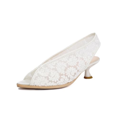 Damen Slip Auf Slingback Sandalen Peeptoe Spitze Ausschnitt Sommer Sandalen Mittlerer Kätzchen Absatz Partei Abschlussball Kleid Schuhe,Beige,38.5 EU von Generic
