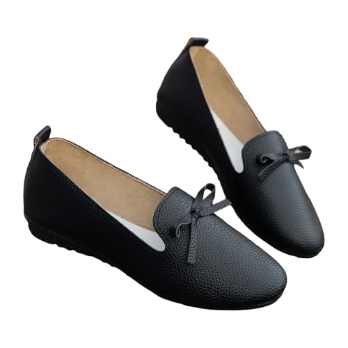 Damen Slip-On Weiche 𝗟eder Freizeitschuhe Schleife Atmungsaktiv Fußgewölbeunterstützung Weiche Sohle Ballettschuhe Spitze Walkingschuhe Mokassin Sommermode Hochzeit (Black, 43) von Generic