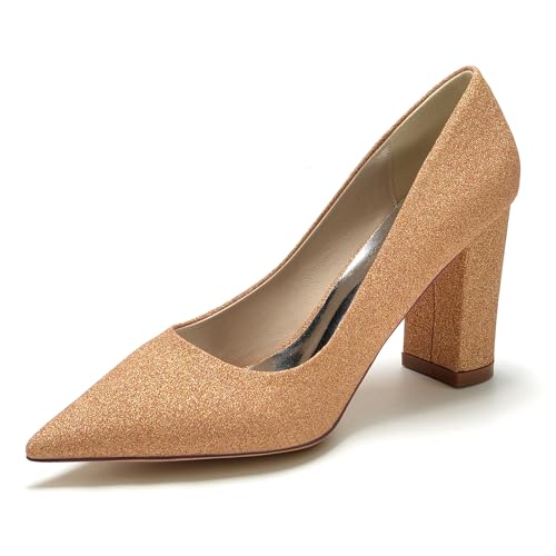 Damen Slip-on Satin Spitze Zehe Block Chunky Heel Klassische Chunky Braut Pumps Party Brautkleid High Heels,Champagne,38 EU Damen Slip-on Satin Spitze Zehe Block Chunky Heel Klassische Chunky Braut Pumps Party Brautkleid High Heels,Champagne,38 EU von Generic