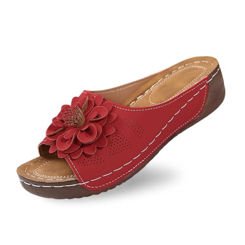 Damen-Slipper Keilabsatz Blumenmuster bequem Freizeit Outdoor Reise Sommer modisch feminin elegant (Red, 36) von Generic