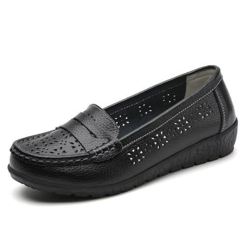 Damen Slipper aus Leder mit Hohlsaum flach Mokassins lässig runde Zehenpartie weich zum Fahren Gehen Boot,Schwarz,39 EU Damen Slipper aus Leder mit Hohlsaum flach Mokassins lässig runde Zehenpartie weich zum Fahren Gehen Boot,Schwarz,39 EU von Generic