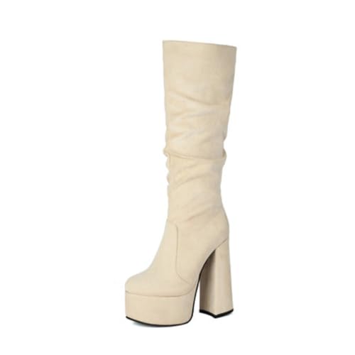 Damen Slouchy Kniehohe Stiefel Mit Runder Spitze Plateau Hohe Klobige Absätze Wildleder Obermaterial Seitlicher Reißverschluss Slipper Party Schuhe,Beige,37.5 EU von Generic
