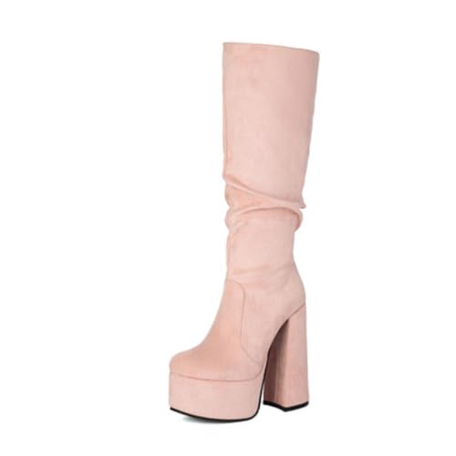 Damen Slouchy Kniehohe Stiefel Mit Runder Spitze Plateau Hohe Klobige Absätze Wildleder Obermaterial Seitlicher Reißverschluss Slipper Party Schuhe,Rosa,37 EU von Generic