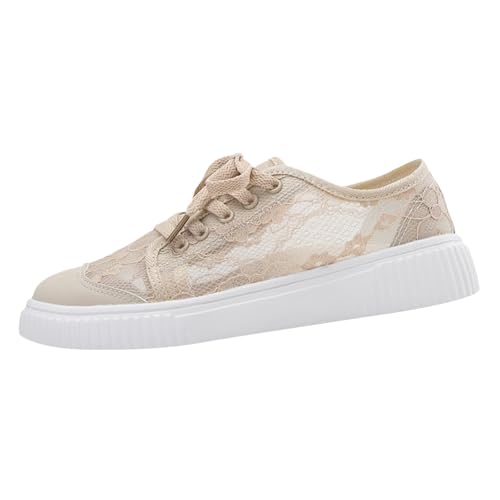 Damen-Sneaker, elegant, Sportschuhe, Spitze, flache Blumen, rutschfest, atmungsaktiv, leicht, Walking, Skateboard, Sneaker, bequem, lässig, beige, 40 EU von Generic