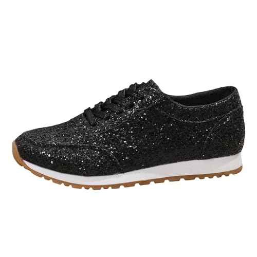Damen Sneaker Sportlich Pailletten Kristall Glitzer Atmungsaktiv Laufschuhe Bequem Casual Freizeit Turnschuhe Leicht (Black, 38) von Generic