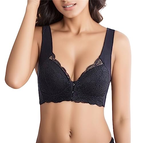 Damen Soft Spitzen BH ohne Bügel Vorderverschluss Gepolstert Bralette Nahtlose Bustier Push up Bügelloser Weicher Bustier Atmungsaktiver Bra für Schlafen Yoga Bra Soft Spitzen BH von Generic