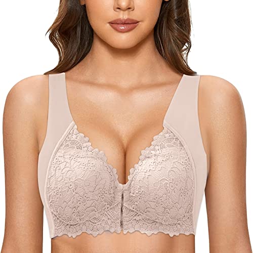 Damen Soft Spitzen BH ohne Bügel Vorderverschluss Gepolstert Bralette Nahtlose Bustier Push up Bügelloser Weicher Bustier Atmungsaktiver Bra für Schlafen Yoga Bra von Generic