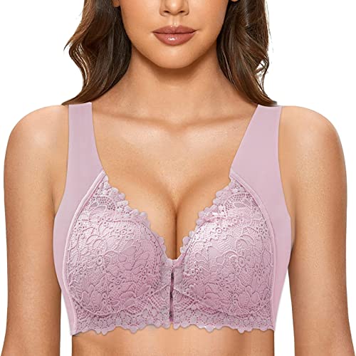 Damen Soft Spitzen BH ohne Bügel Vorderverschluss Gepolstert Bralette Nahtlose Bustier Push up Bügelloser Weicher Bustier Atmungsaktiver Bra für Schlafen Yoga Bra von Generic