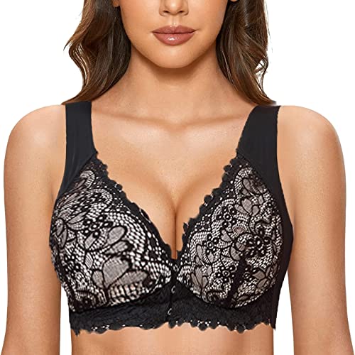 Damen Soft Spitzen BH ohne Bügel Vorderverschluss Gepolstert Bralette Nahtlose Bustier Push up Bügelloser Weicher Bustier Atmungsaktiver Bra für Schlafen Yoga Bra von Generic