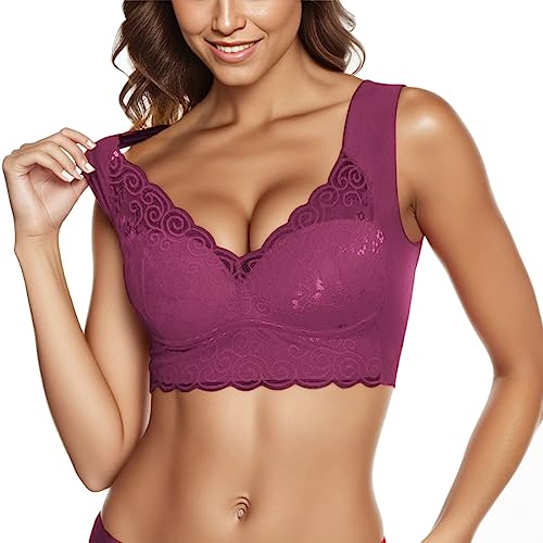 Damen Soft Spitzen BH ohne Bügel Vorderverschluss Gepolstert Bralette Nahtlose Bustier Push up Bügelloser Weicher Bustier Atmungsaktiver Bra für Schlafen Yoga Bra von Generic