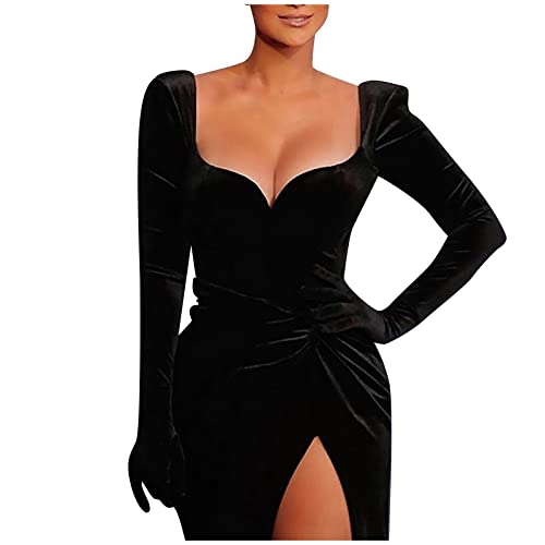 Damen Solide Langarm mit Handschuh und Schulterpolstern Tiefer V-Ausschnitt Asymmetrische Party Elegantes Kleid Abendkleid Gestreiftes Hemdkleider (Schwarz, M) von Generic