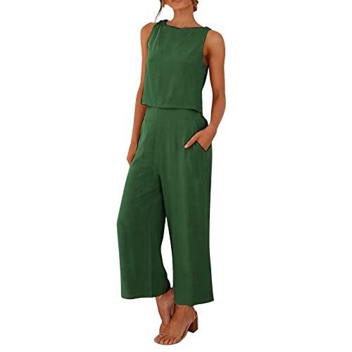Damen Sommer 2-teiliges Outfit Jumpsuit Elegant ärmellos Rundhals Tanktop gekürzte Weite Beinhose von Generic