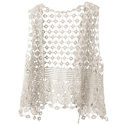 Damen Sommer Ärmellos Strickweste Häkelweste Blumenmuster Retro Ärmellos Vorne Offen Kurze Weste Schal Strickjacke Strick Weste Gilet Häkeln Hohl Spitze Vielseitiger ärmelloser (Beige, One Size) von Generic