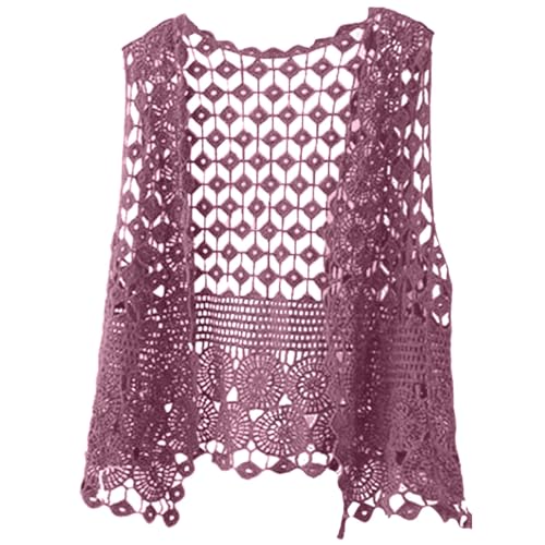 Damen Sommer Ärmellos Strickweste Häkelweste Blumenmuster Retro Ärmellos Vorne Offen Kurze Weste Schal Strickjacke Strick Weste Gilet Häkeln Hohl Spitze Vielseitiger ärmelloser (Purple, One Size) von Generic