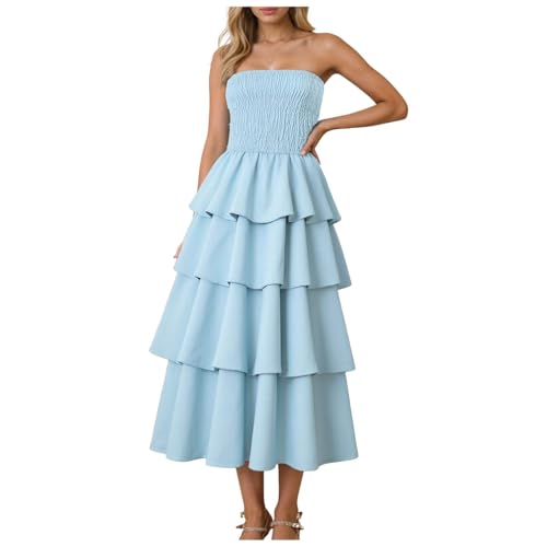 Damen Sommer Boho Trägerloses Maxikleid Lässig Ärmellos Off Shoulder Smocked Tiered Strand Langes Kleid Schönes Kleid Damen Festlich (Sky Blue, S) von Generic