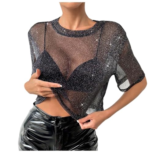Damen Sommer Crop Top Camisole mit schimmerndem Mesh metallischen Fäden Stilvolles Lagen-T-Shirt Glitzerblusen Damen Schwarz Sexy Glitzer Top mit Strass Fransen Ärmelloses Crop (Black, XL) von Generic