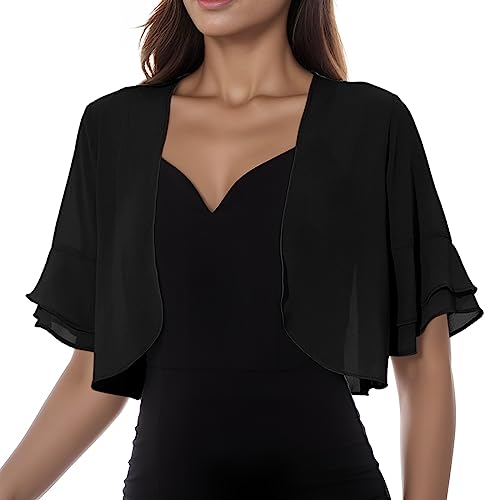 Damen Sommer Elegant Strickjacke Chiffon Kurzarm Lässige Cardigan Festlich Bolero Kurze Leichte Schulterjacke Festliche Transparent Perfekt mit Allerlei Cocktailkleid Abendkleid (Black, L) von Generic