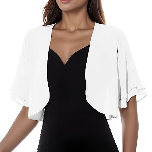 Damen Sommer Elegant Strickjacke Chiffon Kurzarm Lässige Cardigan Festlich Bolero Kurze Leichte Schulterjacke Festliche Transparent Perfekt mit Allerlei Cocktailkleid Abendkleid (White, M) von Generic