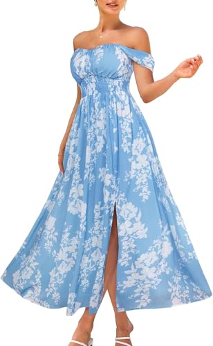 Damen Sommer Floral Print Flowy A Line Maxikleider Ärmellos Smocked Off Shoulder Kleid (Blau Weiß,M) von Generic